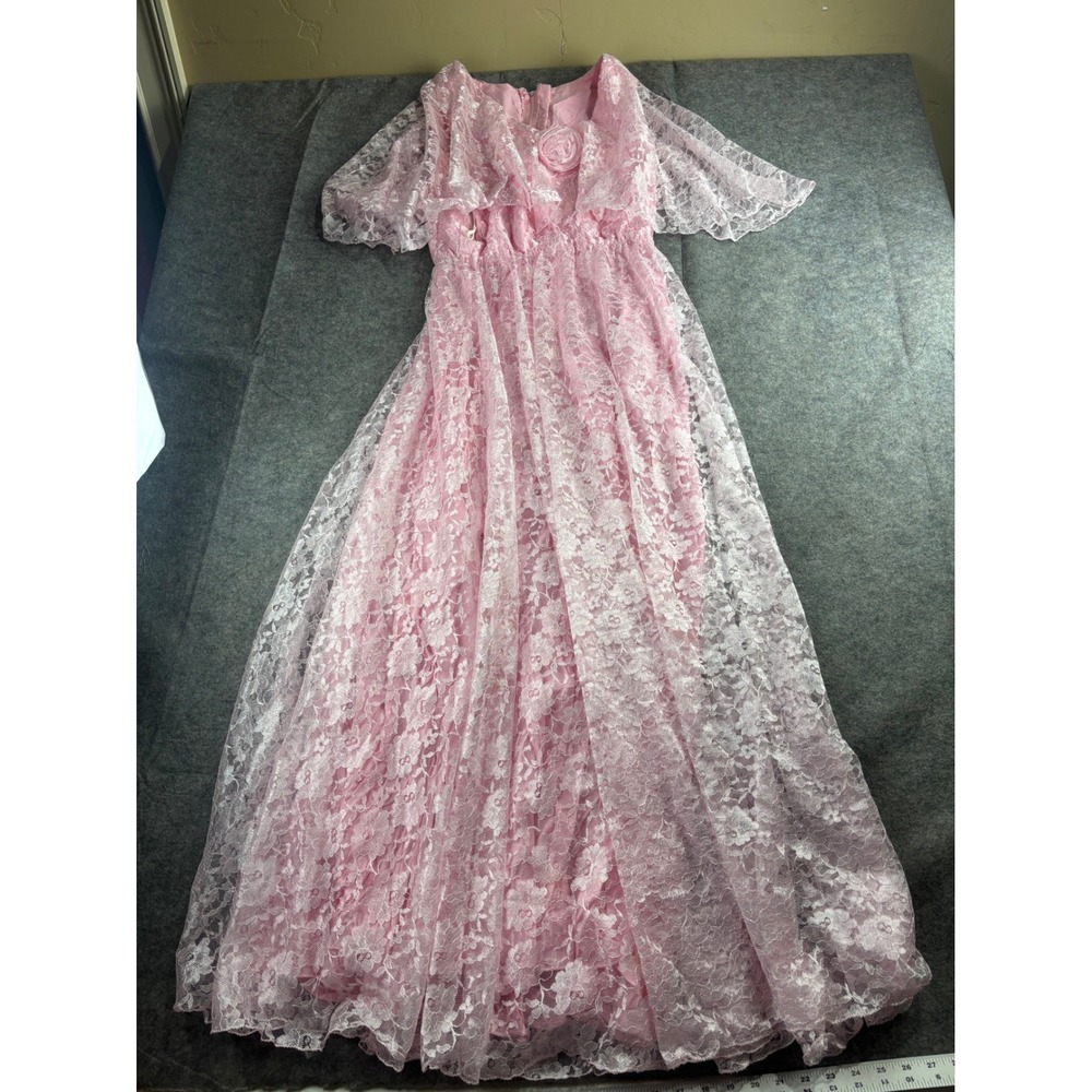 VTG Mike Benet 00 Pink Floral Lace Capelet Maxi Dress Rosette Prom Formal Gown